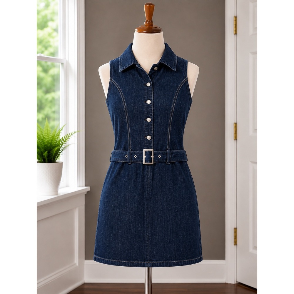 Zoey Beth Dark Wash Denim Sleeveless Mini Dress Belted Pink Stitching Size Small